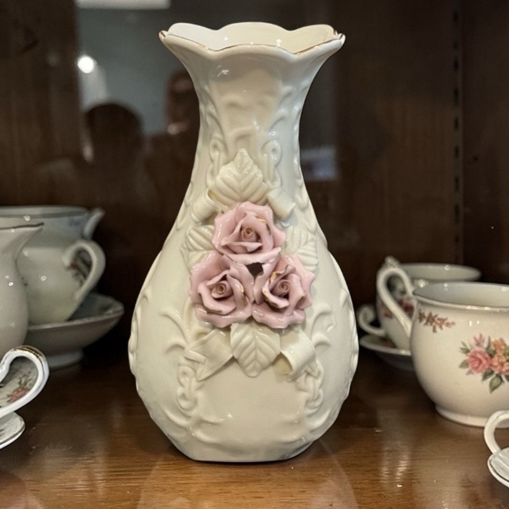 Cream Ceramic Vase Pink Roses Floral Decor